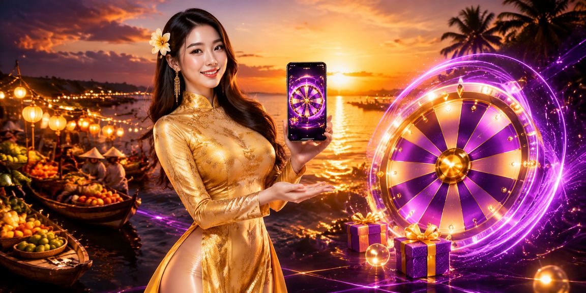 Cảnh chơi roulette trên nền biển Phú Quốc trong bộ áo dài truyền thống