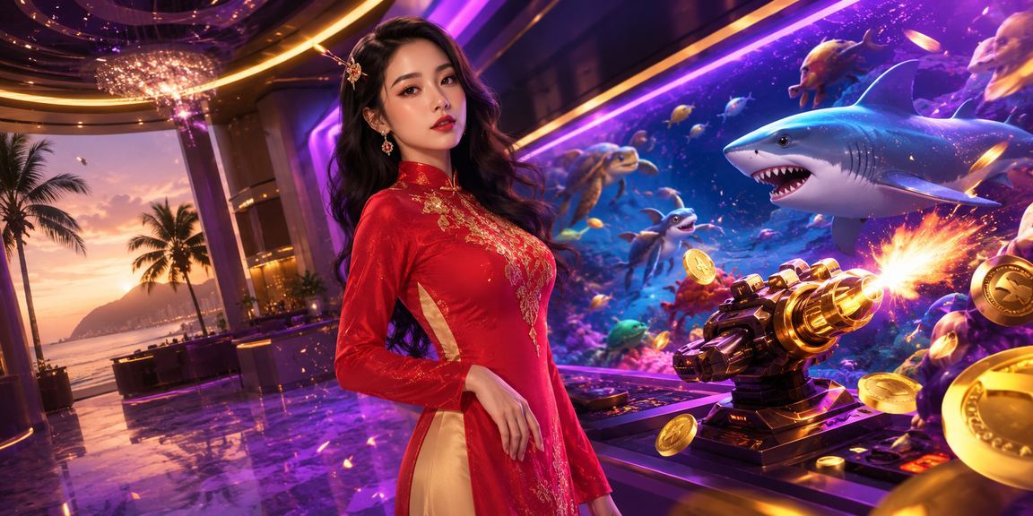 Bắn cá tại Vũng Tàu với cảnh quan biển và người mặc áo dài truyền thống